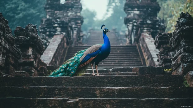 A cinematic view of a peacock walking across stone steps of an ancient palace.