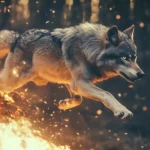 A cinematic wolf leap captured mid air with motion blur and fire burst.