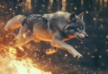 A cinematic wolf leap captured mid air with motion blur and fire burst.