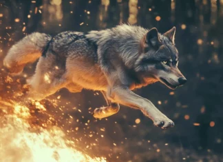 A cinematic wolf leap captured mid air with motion blur and fire burst.