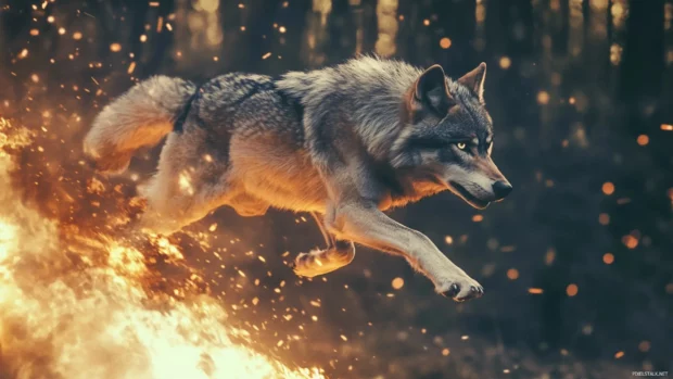 A cinematic wolf leap captured mid air with motion blur and fire burst.