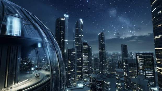 A city of the future with clear domes and high tech buildings, set against a starry night sky.