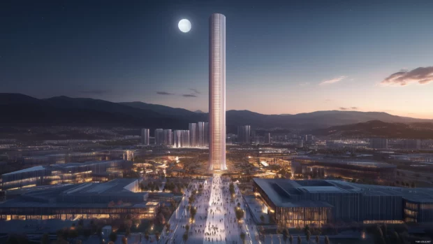 A city of the future with glowing walkways, a central tower, and advanced infrastructure, illuminated by moonlight.