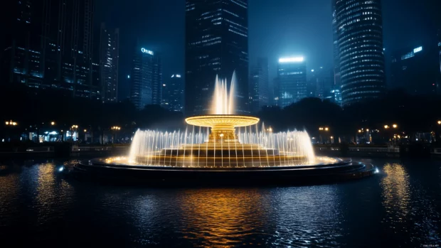 A city plaza at night, with a large fountain illuminated by surrounding lights .