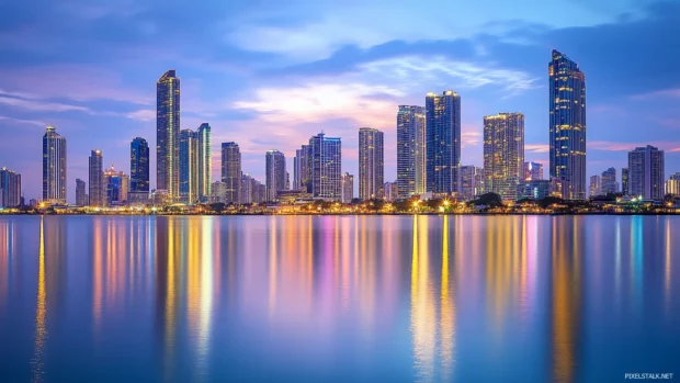 A city skyline at dawn with soft, warm light reflecting off the building.