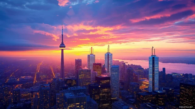 A city skyline at sunset with glowing windows and colorful sky.