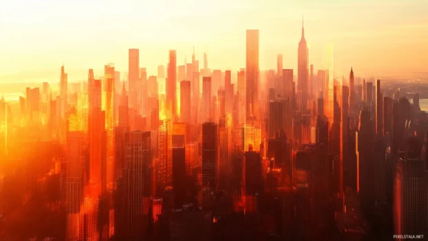 A city skyline with just the outlines of buildings.