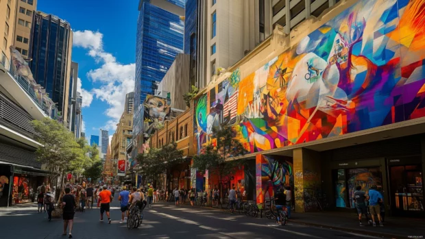 A city street art scene with vibrant murals covering the walls of a bustling neighborhood.