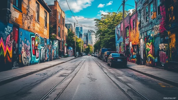 A city street art scene with vibrant murals covering the walls of a bustling neighborhood.