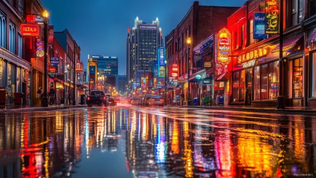 A cityscape at dusk with glowing streetlights, neon signs, and reflections on wet pavement, creating a vibrant urban mood.