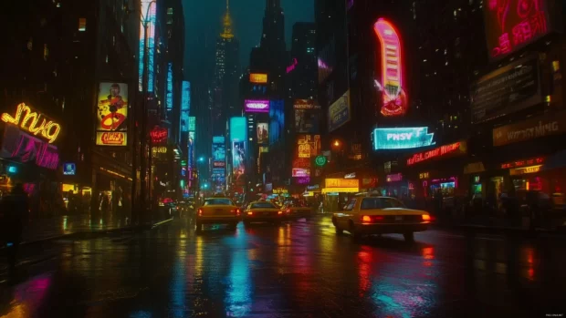 A cityscape at dusk with glowing streetlights, neon signs, and reflections on wet pavement, creating a vibrant urban mood.