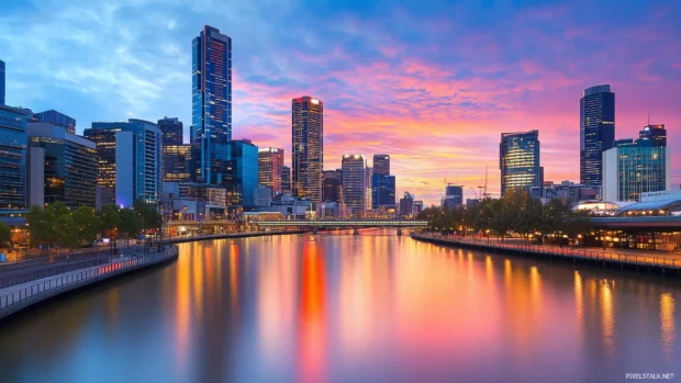A cityscape view with an evening sky ablaze in shades of fiery orange and red, blending into the cool blue of approaching night.