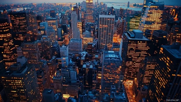 A cityscape viewed from a skyscraper rooftop.