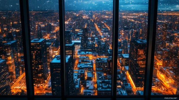 A cityscape viewed from a skyscraper rooftop, capturing the expanse of the urban jungle below.