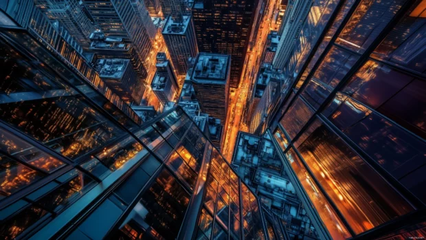 A cityscape viewed from a skyscraper rooftop, capturing the expanse of the urban jungle below.