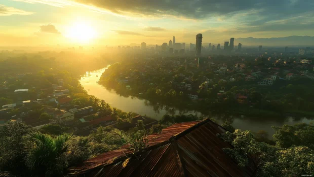 A cityscape viewed from a skyscraper rooftop, capturing the expanse of the urban jungle below.