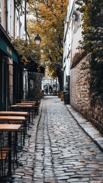 A classic Parisian street view, featuring cafés and cobblestone streets.
