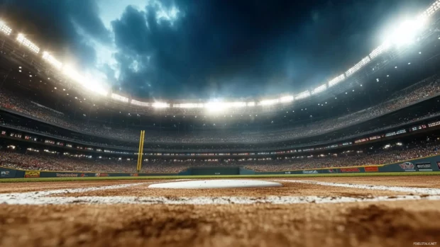 A classic baseball field from behind home plate, with bases and pitcher mound visible.