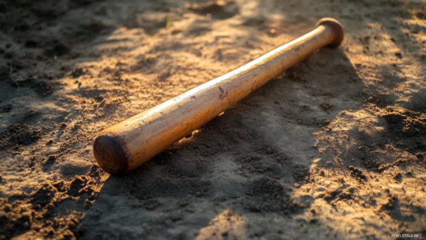 A classic wooden baseball bat lying on chalked infield dirt under soft sunlight, Wooden baseball bat wallpaper.