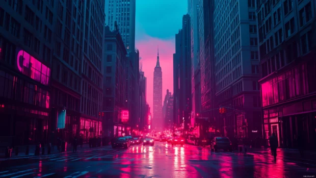 A clean Cyberpunk city depiction with geometric shapes and neon accents under a twilight sky.