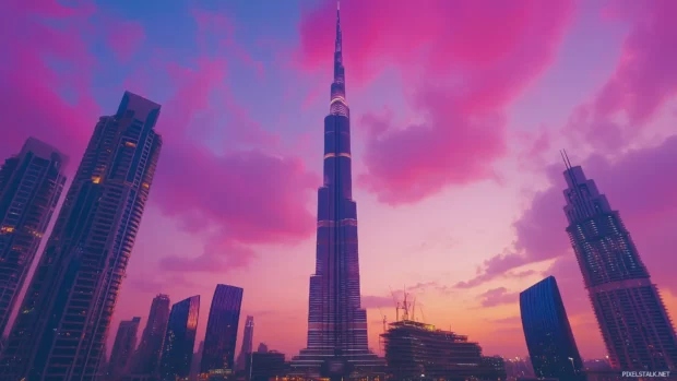 A clean Dubai landmark scene, bold lines, minimal hues.