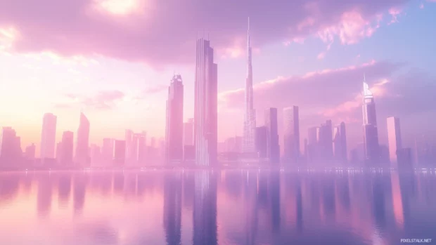 A clean Dubai skyline, futuristic towers, serene sky above.