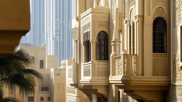 A clean Dubai skyline sunset, soft tones, key landmarks, Burj Al Arab included.