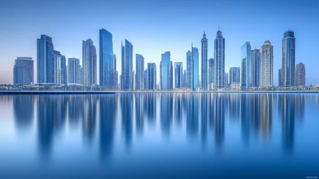 A clean and simple depiction of the Dubai Marina with its iconic skyscrapers and calm waters.