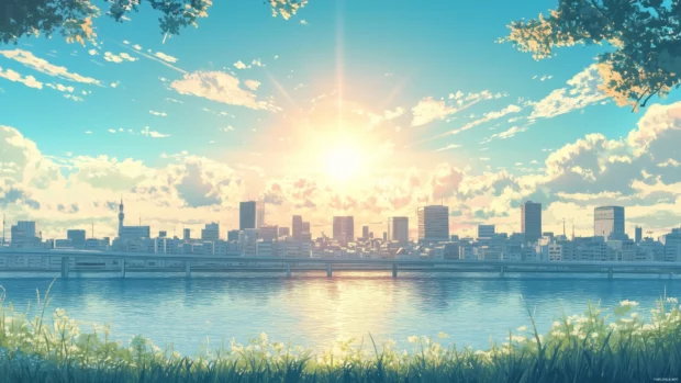 A clean anime style city skyline with basic shapes and a bright, clear sky.