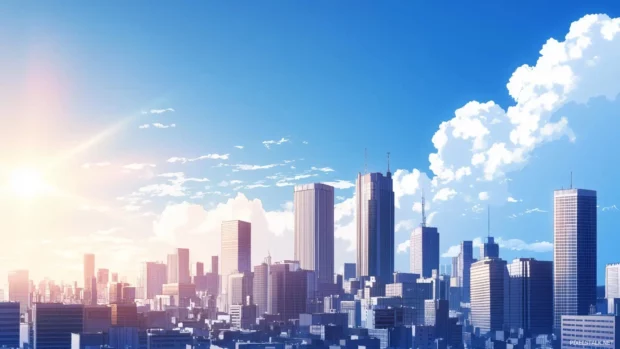 A clean anime style city skyline with basic shapes and a bright, clear sky.