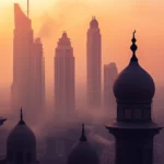 A clean, understated depiction of Dubai urban landscape with prominent buildings against a clear blue sky.