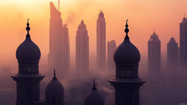 A clean, understated depiction of Dubai urban landscape with prominent buildings against a clear blue sky.