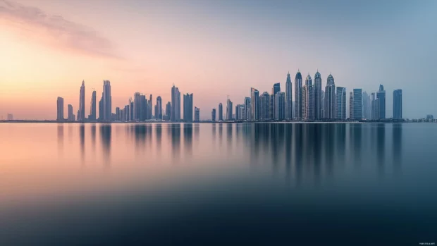 A clear Dubai Marina scene, skyscrapers stand, waters calm.