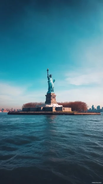 A clear Statue of Liberty scene, blue sky above.