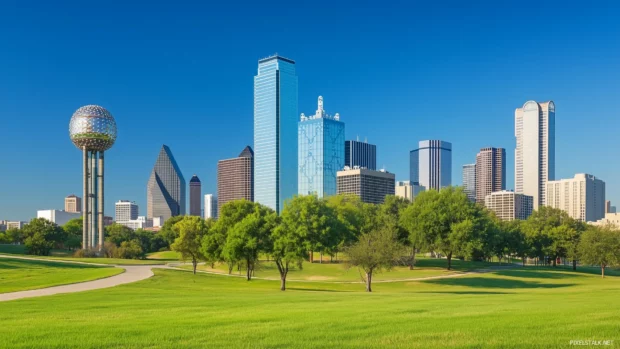 A clear sky view of Dallas skyline, focusing on the geometric design of the city modern high rise buildings.