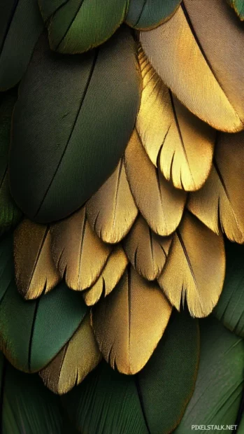 A close up crop of tail feathers in swirling pattern, filling the vertical frame with green and gold.
