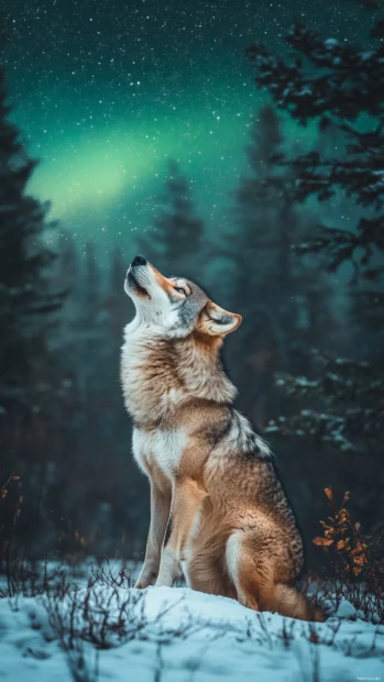 A close up iPhone wallpaper showing a calm wolf gazing upward as stars and auroras fill the sky.