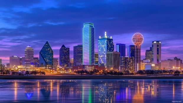 A close up of Dallas skyline at twilight, showcasing illuminated architectural features of City Hall and the Sixth Floor Museum.