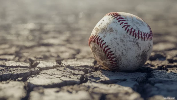 A close up of a baseball resting on a cracked, dry field, surrounded by dust particles and dramatic lighting.