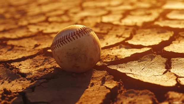 A close up of a baseball resting on a cracked, dry field, surrounded by dust particles and dramatic lighting.