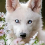 A close up of a blue eyed wolf under aurora lights.