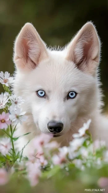 A close up of a blue eyed wolf under aurora lights.