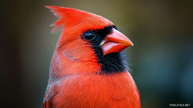 A close up of a cardinal red crest and black mask in soft focus, suitable for a red cardinal desktop wallpaper.