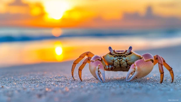 A close up of a crab on the sand at sunset and the ocean blurred in the background.