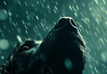 A close up of a fierce lone wolf looking up in a stormy night.