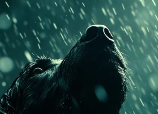 A close up of a fierce lone wolf looking up in a stormy night.