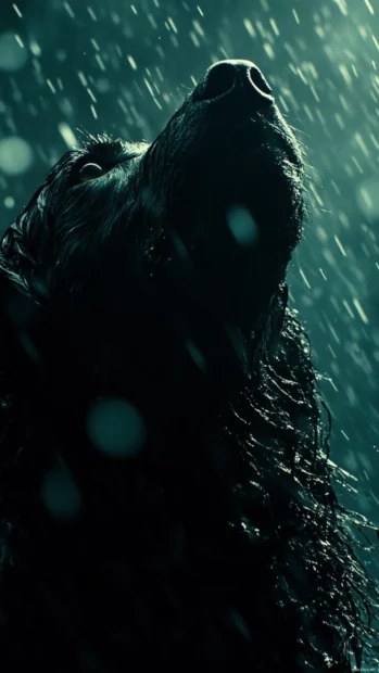 A close up of a fierce lone wolf looking up in a stormy night.