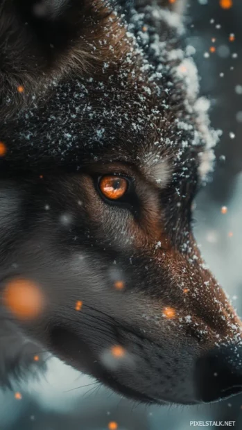 A close up of a grey wolf intense eyes beneath falling snow.