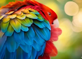 A close up of a parrot colorful feathers with a blur backgroud.
