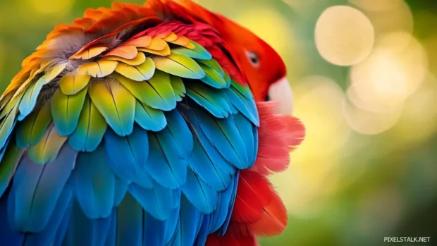 A close up of a parrot colorful feathers with a blur backgroud.